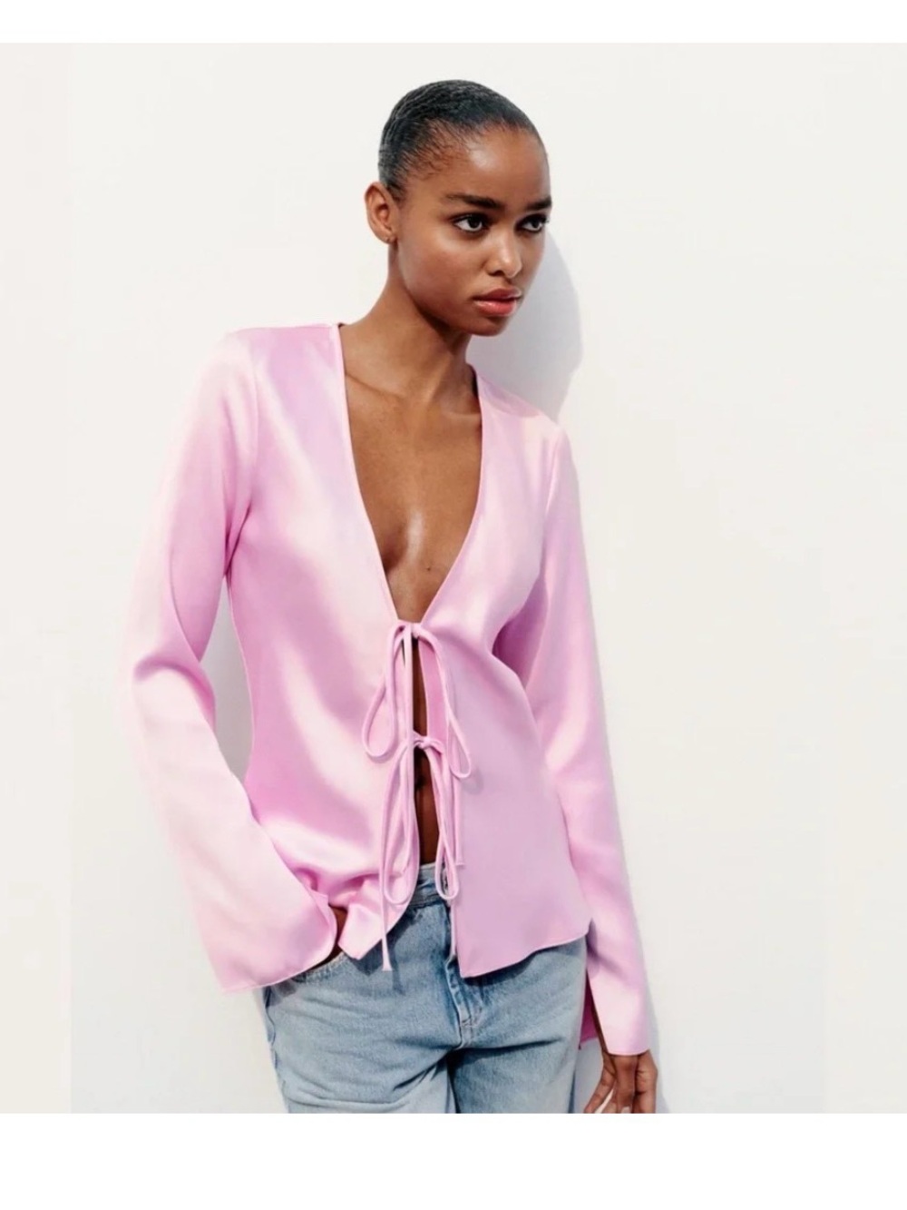 Zara Pink Satin Tie-Front Blouse